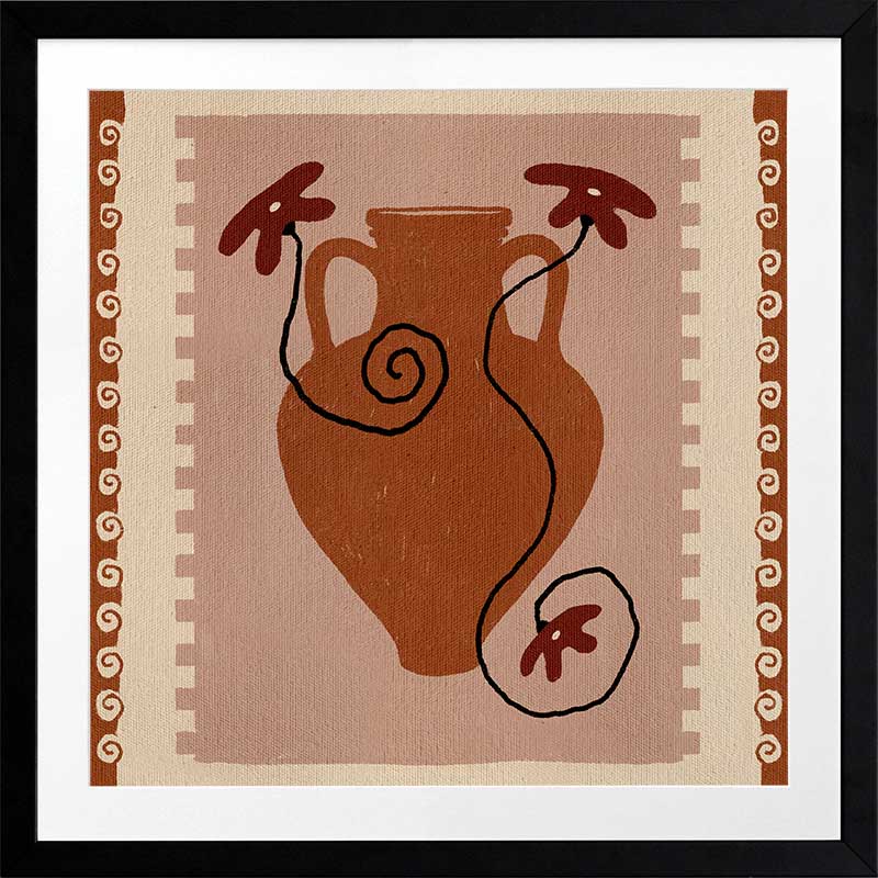 Rust-coloured vase with swirling black stems and deep red blooms, set against a blush background with a rich terracotta border, from the Shatha collection with Urban Road.