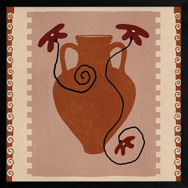 Rust-coloured vase with swirling black stems and deep red blooms, set against a blush background with a rich terracotta border, from the Shatha collection with Urban Road.