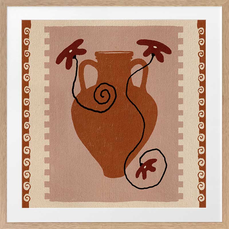 Rust-coloured vase with swirling black stems and deep red blooms, set against a blush background with a rich terracotta border, from the Shatha collection with Urban Road.