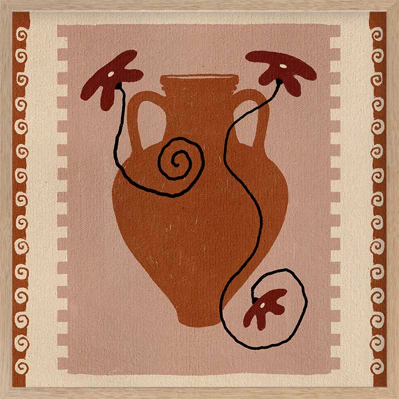 Rust-coloured vase with swirling black stems and deep red blooms, set against a blush background with a rich terracotta border, from the Shatha collection with Urban Road.