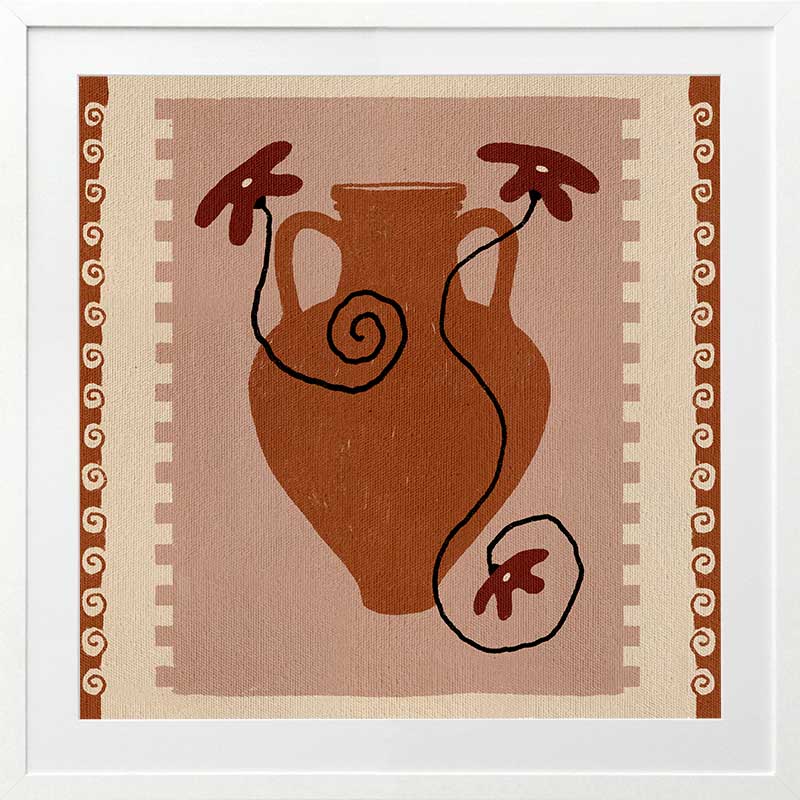 Rust-coloured vase with swirling black stems and deep red blooms, set against a blush background with a rich terracotta border, from the Shatha collection with Urban Road.