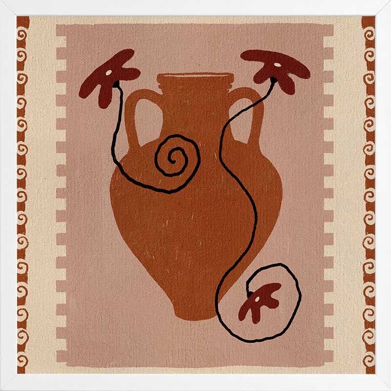 Rust-coloured vase with swirling black stems and deep red blooms, set against a blush background with a rich terracotta border, from the Shatha collection with Urban Road.