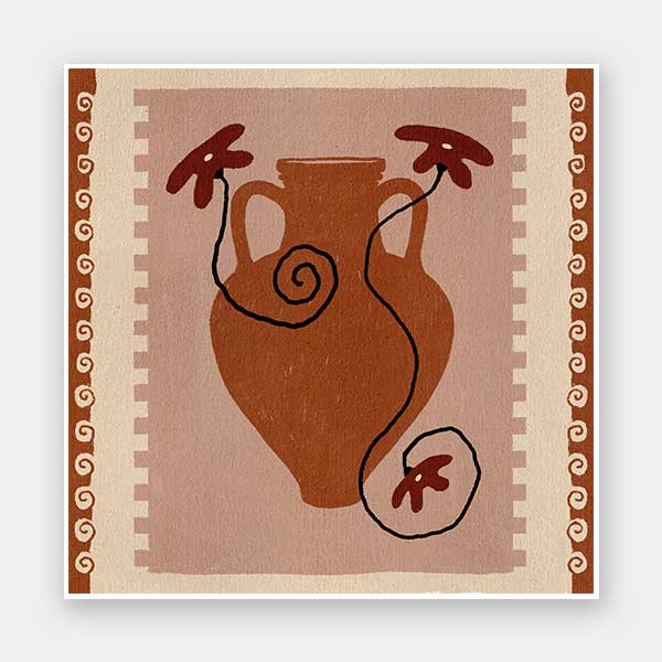 Rust-coloured vase with swirling black stems and deep red blooms, set against a blush background with a rich terracotta border, from the Shatha collection with Urban Road.
