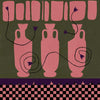 Row of pink vases on a dark green backdrop with plum coloured detailing and blooms, framed by a checkered pink and black border, from the Shatha collection with Urban Road.