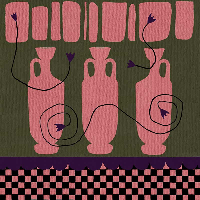 Row of pink vases on a dark green backdrop with plum coloured detailing and blooms, framed by a checkered pink and black border, from the Shatha collection with Urban Road.