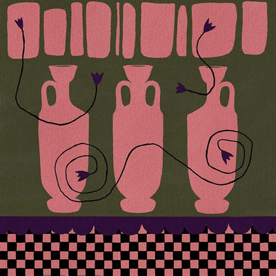 Row of pink vases on a dark green backdrop with plum coloured detailing and blooms, framed by a checkered pink and black border, from the Shatha collection with Urban Road.