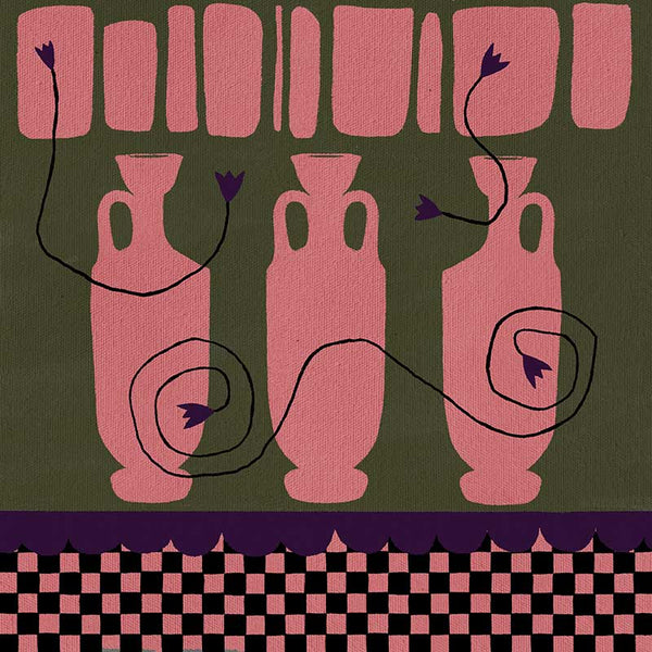 Row of pink vases on a dark green backdrop with plum coloured detailing and blooms, framed by a checkered pink and black border, from the Shatha collection with Urban Road.