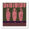 Row of pink vases on a dark green backdrop with plum coloured detailing and blooms, framed by a checkered pink and black border, from the Shatha collection with Urban Road.