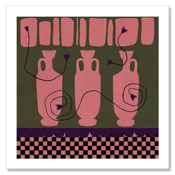 Row of pink vases on a dark green backdrop with plum coloured detailing and blooms, framed by a checkered pink and black border, from the Shatha collection with Urban Road.