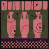 Row of pink vases on a dark green backdrop with plum coloured detailing and blooms, framed by a checkered pink and black border, from the Shatha collection with Urban Road.