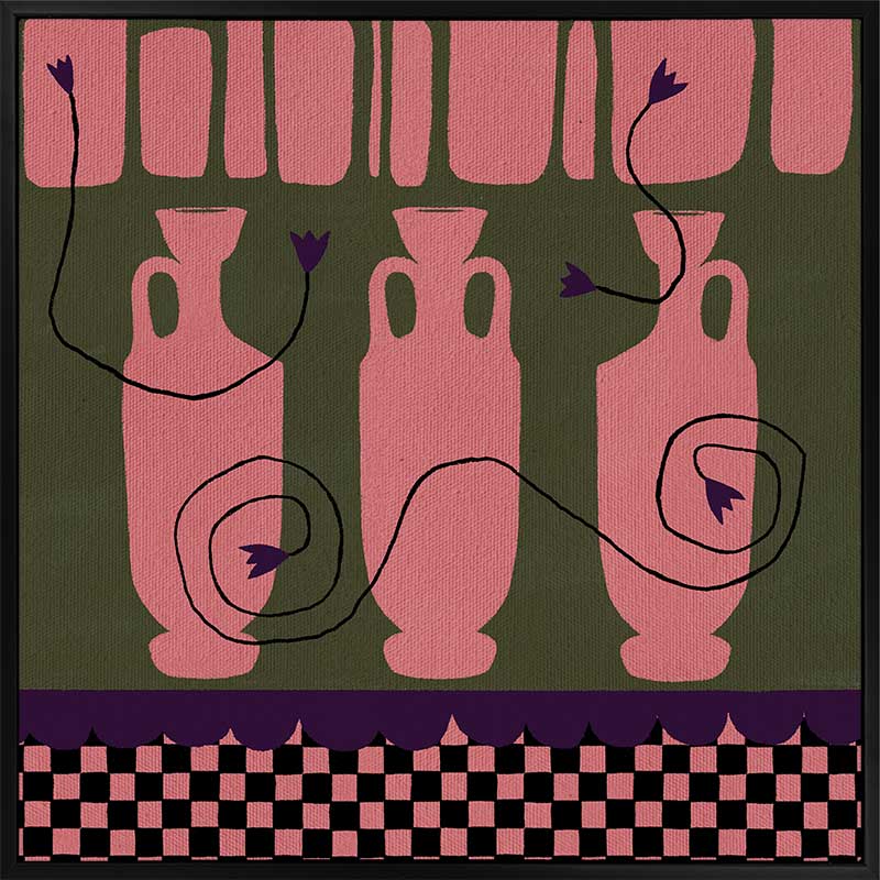Row of pink vases on a dark green backdrop with plum coloured detailing and blooms, framed by a checkered pink and black border, from the Shatha collection with Urban Road.
