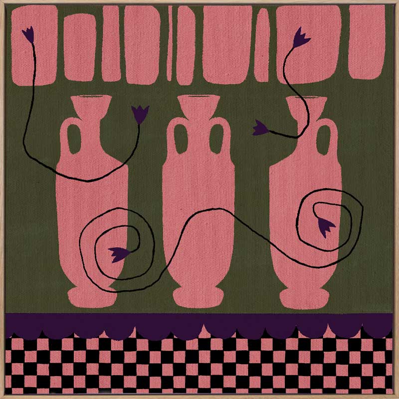 Row of pink vases on a dark green backdrop with plum coloured detailing and blooms, framed by a checkered pink and black border, from the Shatha collection with Urban Road.