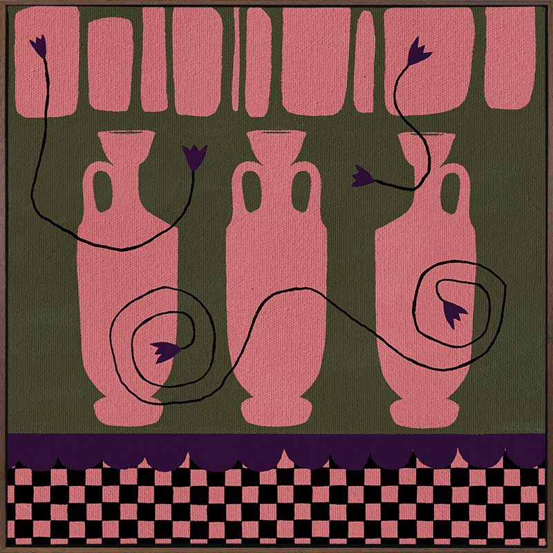 Row of pink vases on a dark green backdrop with plum coloured detailing and blooms, framed by a checkered pink and black border, from the Shatha collection with Urban Road.