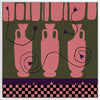 Row of pink vases on a dark green backdrop with plum coloured detailing and blooms, framed by a checkered pink and black border, from the Shatha collection with Urban Road.