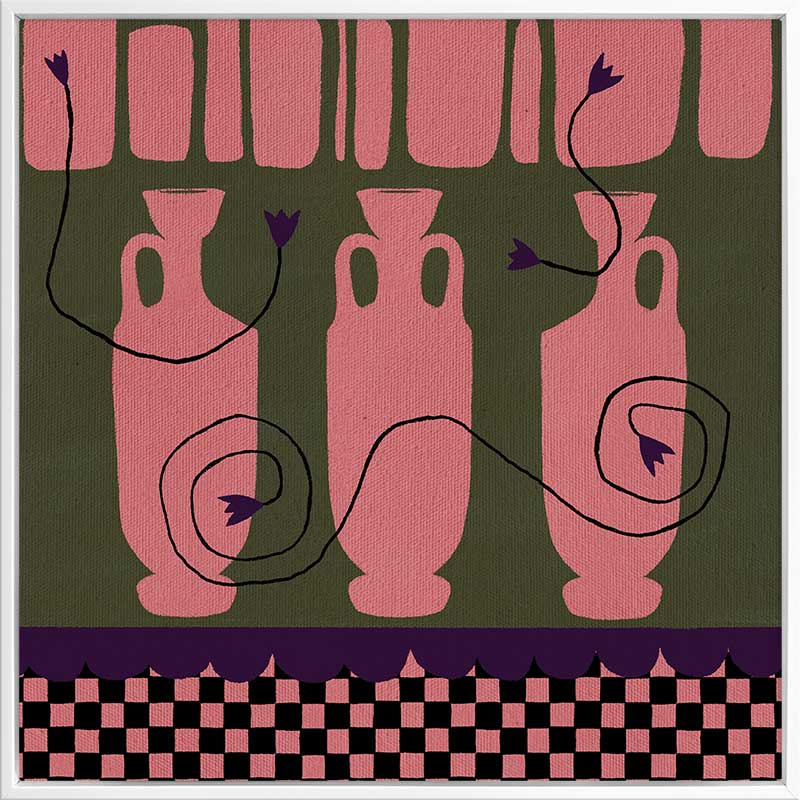 Row of pink vases on a dark green backdrop with plum coloured detailing and blooms, framed by a checkered pink and black border, from the Shatha collection with Urban Road.