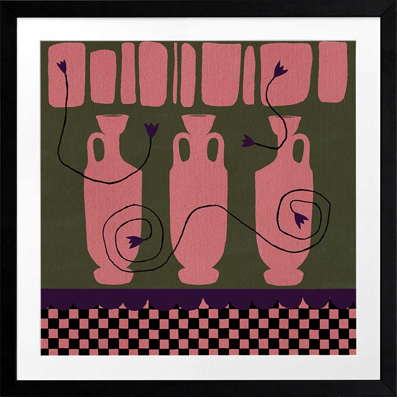 Row of pink vases on a dark green backdrop with plum coloured detailing and blooms, framed by a checkered pink and black border, from the Shatha collection with Urban Road.