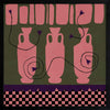 Row of pink vases on a dark green backdrop with plum coloured detailing and blooms, framed by a checkered pink and black border, from the Shatha collection with Urban Road.