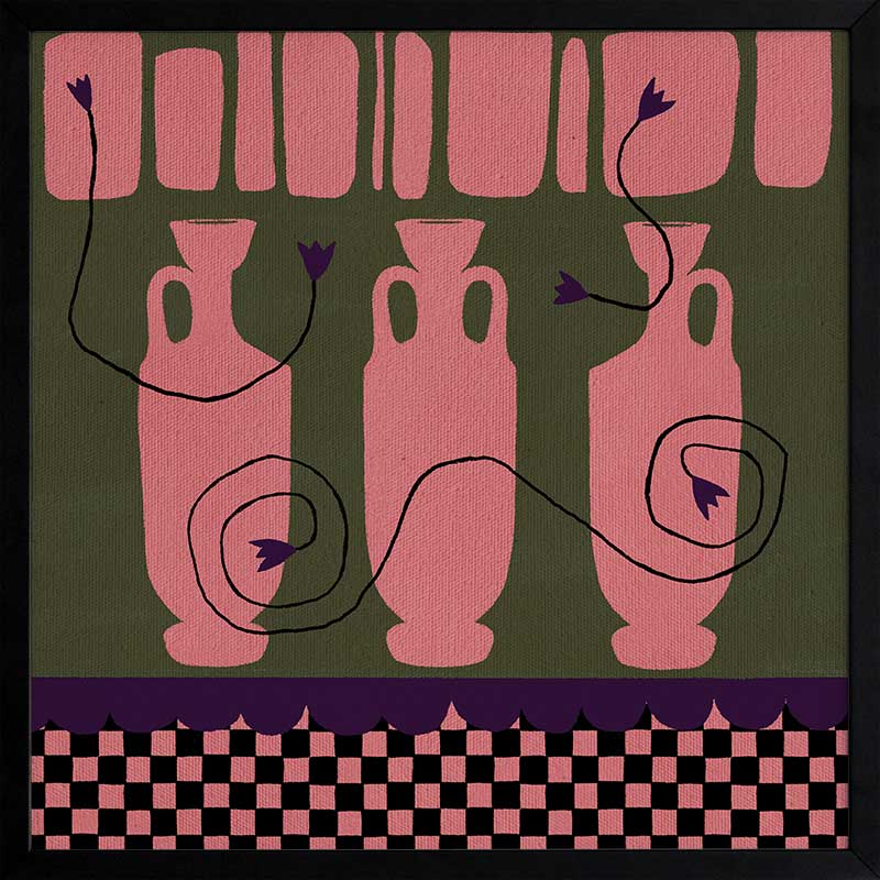 Row of pink vases on a dark green backdrop with plum coloured detailing and blooms, framed by a checkered pink and black border, from the Shatha collection with Urban Road.