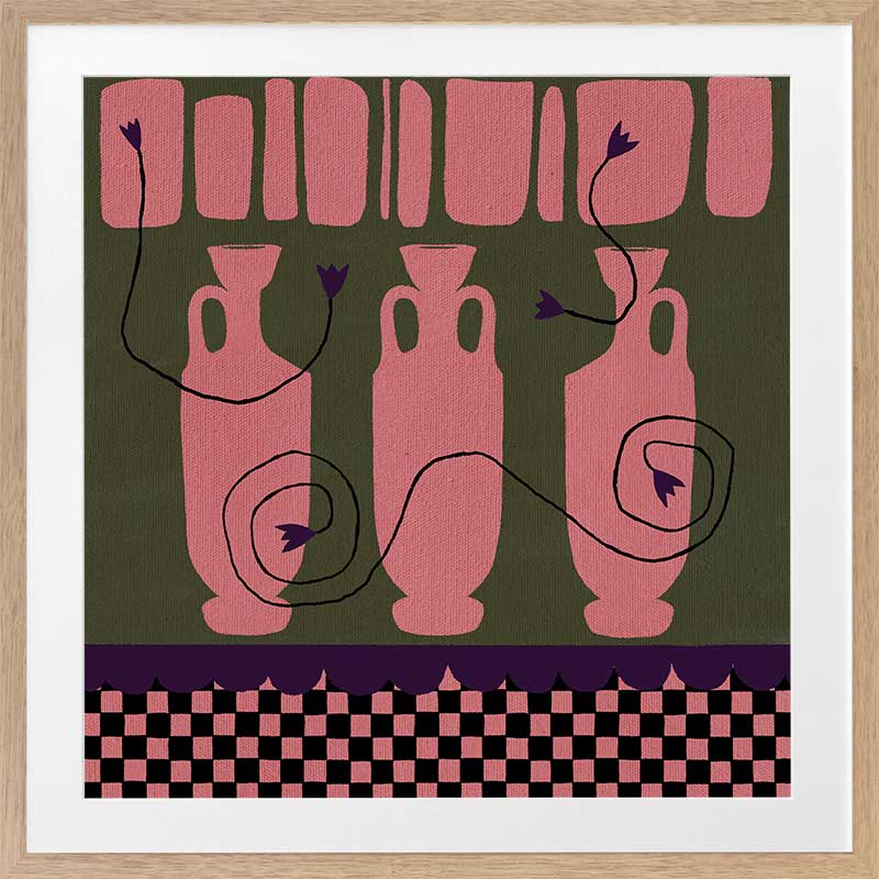 Row of pink vases on a dark green backdrop with plum coloured detailing and blooms, framed by a checkered pink and black border, from the Shatha collection with Urban Road.
