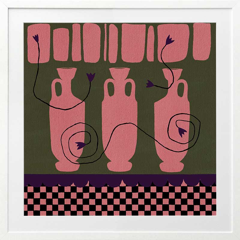 Row of pink vases on a dark green backdrop with plum coloured detailing and blooms, framed by a checkered pink and black border, from the Shatha collection with Urban Road.