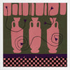 Row of pink vases on a dark green backdrop with plum coloured detailing and blooms, framed by a checkered pink and black border, from the Shatha collection with Urban Road.