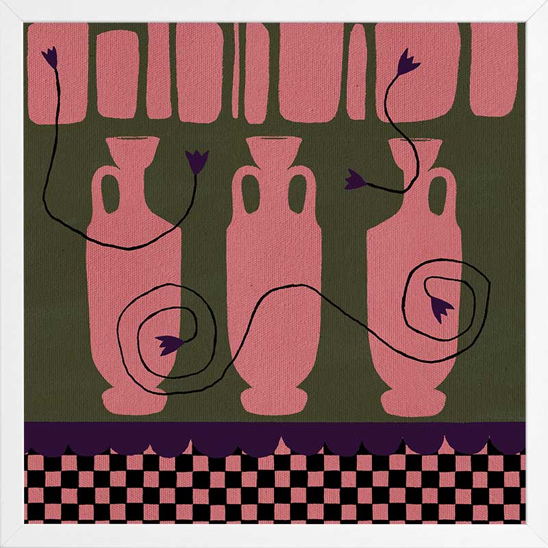 Row of pink vases on a dark green backdrop with plum coloured detailing and blooms, framed by a checkered pink and black border, from the Shatha collection with Urban Road.
