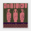 Row of pink vases on a dark green backdrop with plum coloured detailing and blooms, framed by a checkered pink and black border, from the Shatha collection with Urban Road.