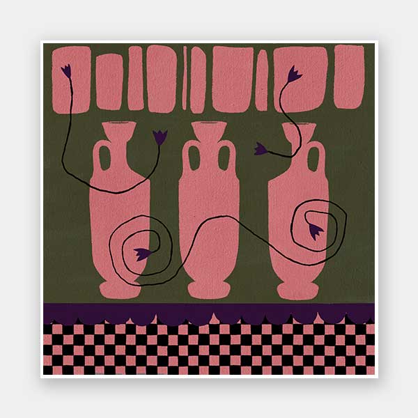 Row of pink vases on a dark green backdrop with plum coloured detailing and blooms, framed by a checkered pink and black border, from the Shatha collection with Urban Road.