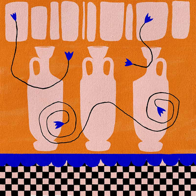 Vibrant orange background with soft peach vases, electric blue and black floral accents, and a black-and-pink checkered lower border, from the Shatha collection with Urban Road.