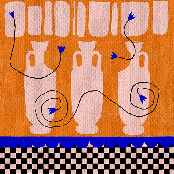 Vibrant orange background with soft peach vases, electric blue and black floral accents, and a black-and-pink checkered lower border, from the Shatha collection with Urban Road.