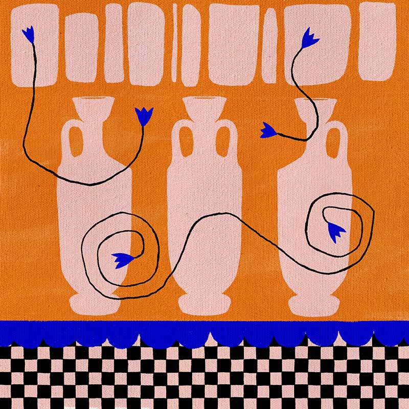 Vibrant orange background with soft peach vases, electric blue and black floral accents, and a black-and-pink checkered lower border, from the Shatha collection with Urban Road.