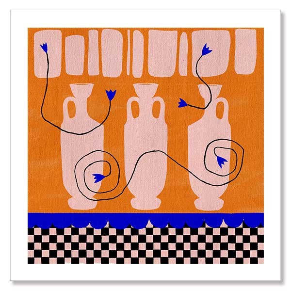 Vibrant orange background with soft peach vases, electric blue and black floral accents, and a black-and-pink checkered lower border, from the Shatha collection with Urban Road.