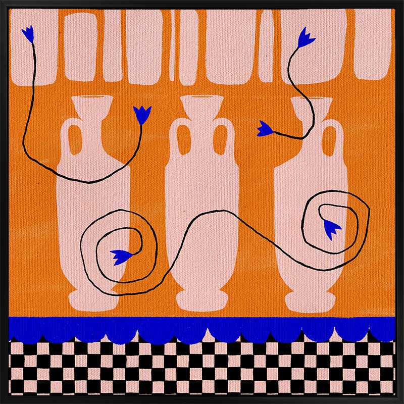 Vibrant orange background with soft peach vases, electric blue and black floral accents, and a black-and-pink checkered lower border, from the Shatha collection with Urban Road.