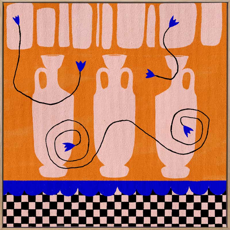 Vibrant orange background with soft peach vases, electric blue and black floral accents, and a black-and-pink checkered lower border, from the Shatha collection with Urban Road.