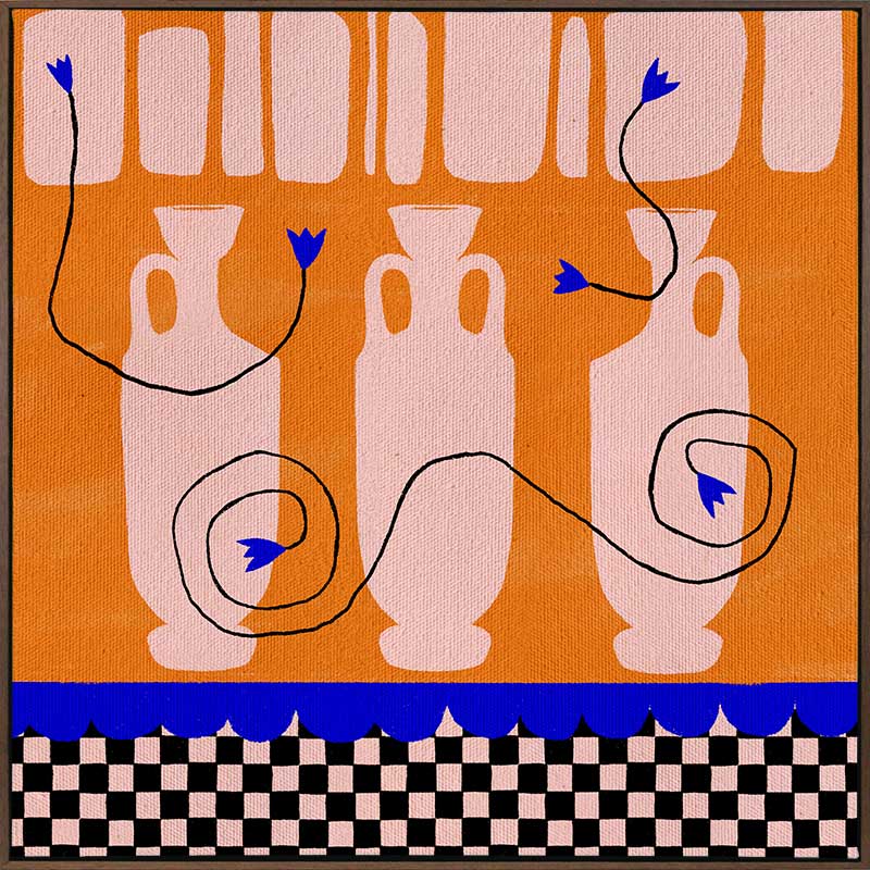 Vibrant orange background with soft peach vases, electric blue and black floral accents, and a black-and-pink checkered lower border, from the Shatha collection with Urban Road.