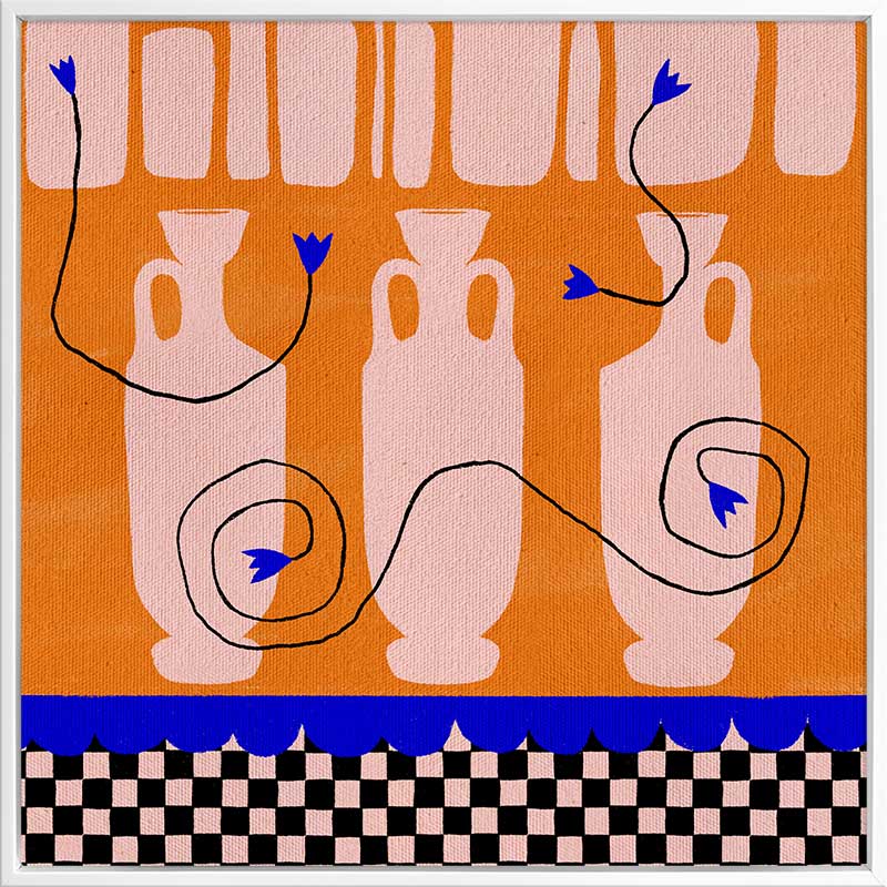 Vibrant orange background with soft peach vases, electric blue and black floral accents, and a black-and-pink checkered lower border, from the Shatha collection with Urban Road.