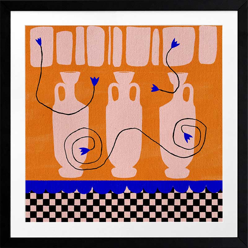 Vibrant orange background with soft peach vases, electric blue and black floral accents, and a black-and-pink checkered lower border, from the Shatha collection with Urban Road.