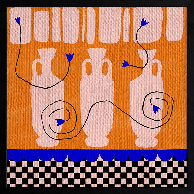 Vibrant orange background with soft peach vases, electric blue and black floral accents, and a black-and-pink checkered lower border, from the Shatha collection with Urban Road.