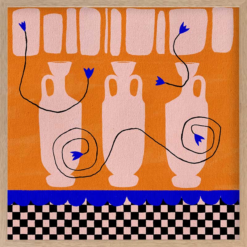 Vibrant orange background with soft peach vases, electric blue and black floral accents, and a black-and-pink checkered lower border, from the Shatha collection with Urban Road.