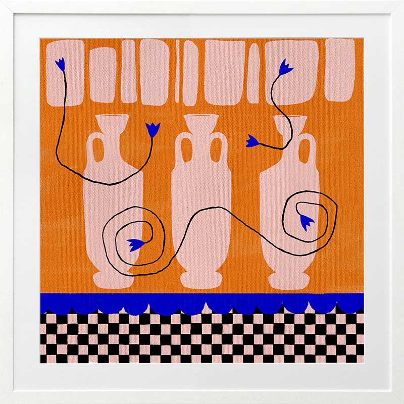 Vibrant orange background with soft peach vases, electric blue and black floral accents, and a black-and-pink checkered lower border, from the Shatha collection with Urban Road.