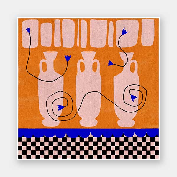 Vibrant orange background with soft peach vases, electric blue and black floral accents, and a black-and-pink checkered lower border, from the Shatha collection with Urban Road.