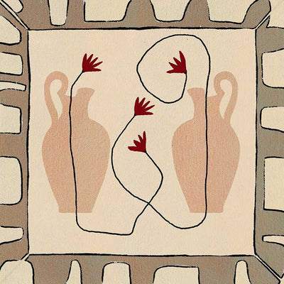 Minimalist composition of two neutral-toned vases with red blooms on a beige backdrop, bordered by a taupe and ivory geometric frame, from the Shatha collection with Urban Road.