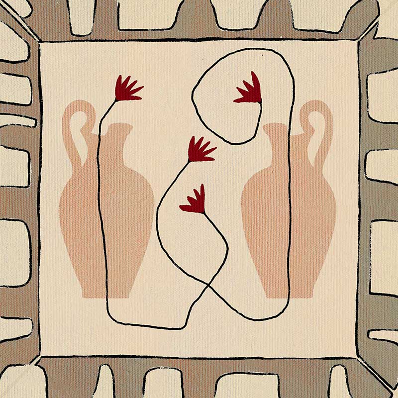 Minimalist composition of two neutral-toned vases with red blooms on a beige backdrop, bordered by a taupe and ivory geometric frame, from the Shatha collection with Urban Road.