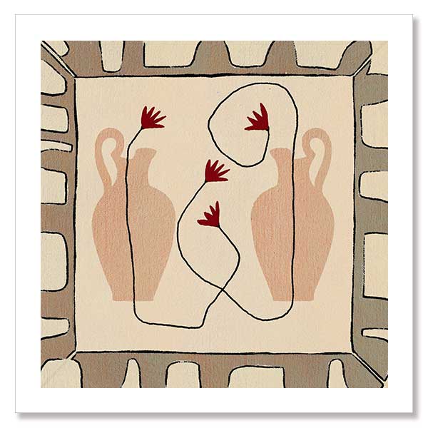 Minimalist composition of two neutral-toned vases with red blooms on a beige backdrop, bordered by a taupe and ivory geometric frame, from the Shatha collection with Urban Road.