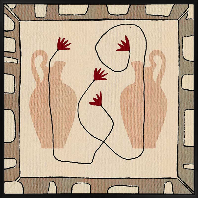 Minimalist composition of two neutral-toned vases with red blooms on a beige backdrop, bordered by a taupe and ivory geometric frame, from the Shatha collection with Urban Road.