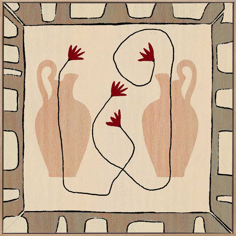 Minimalist composition of two neutral-toned vases with red blooms on a beige backdrop, bordered by a taupe and ivory geometric frame, from the Shatha collection with Urban Road.