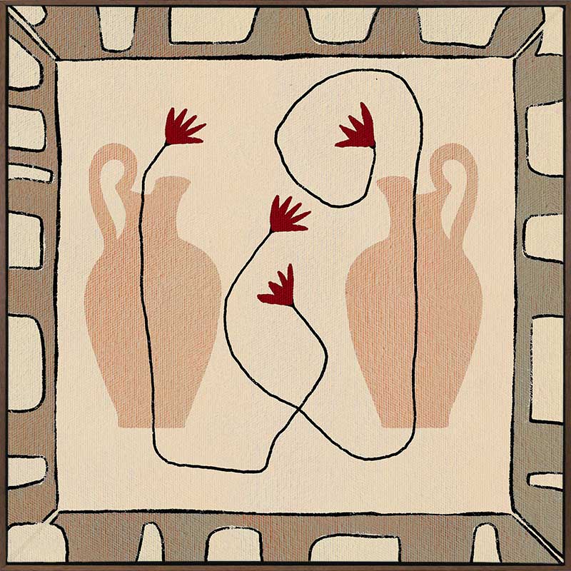 Minimalist composition of two neutral-toned vases with red blooms on a beige backdrop, bordered by a taupe and ivory geometric frame, from the Shatha collection with Urban Road.