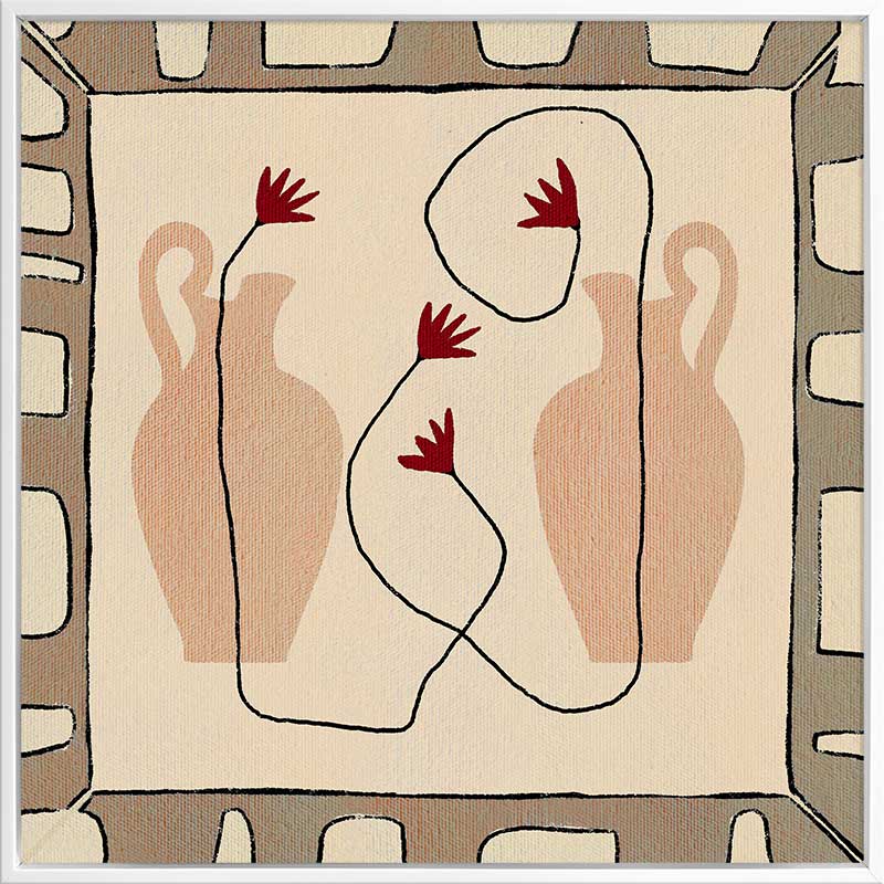 Minimalist composition of two neutral-toned vases with red blooms on a beige backdrop, bordered by a taupe and ivory geometric frame, from the Shatha collection with Urban Road.