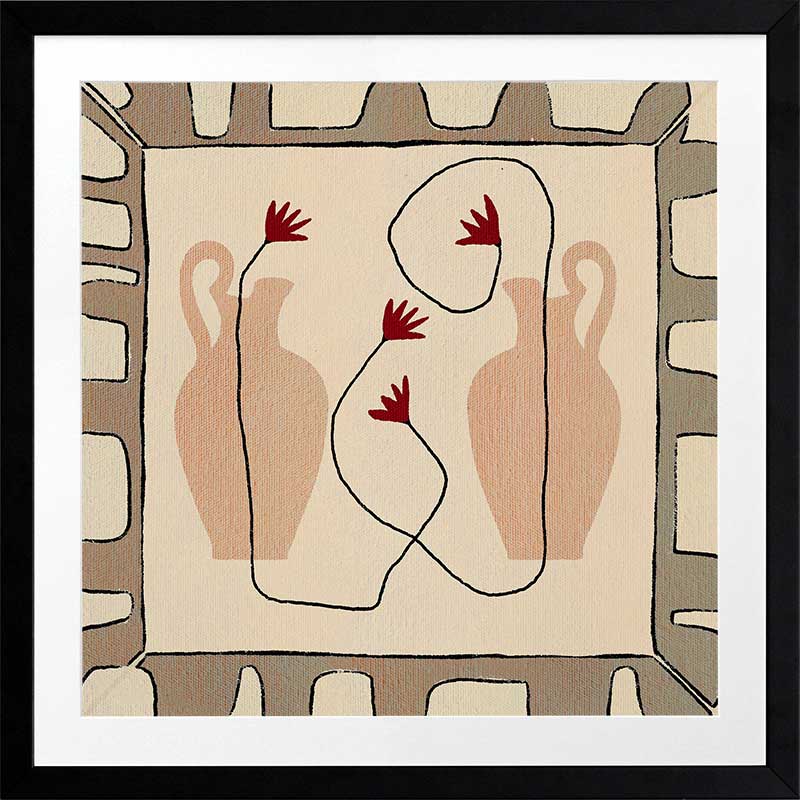 Minimalist composition of two neutral-toned vases with red blooms on a beige backdrop, bordered by a taupe and ivory geometric frame, from the Shatha collection with Urban Road.