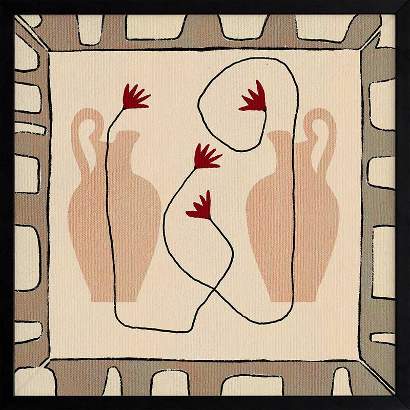 Minimalist composition of two neutral-toned vases with red blooms on a beige backdrop, bordered by a taupe and ivory geometric frame, from the Shatha collection with Urban Road.